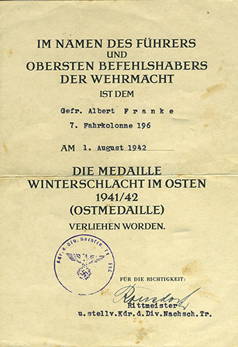 Award document - eastern front medal